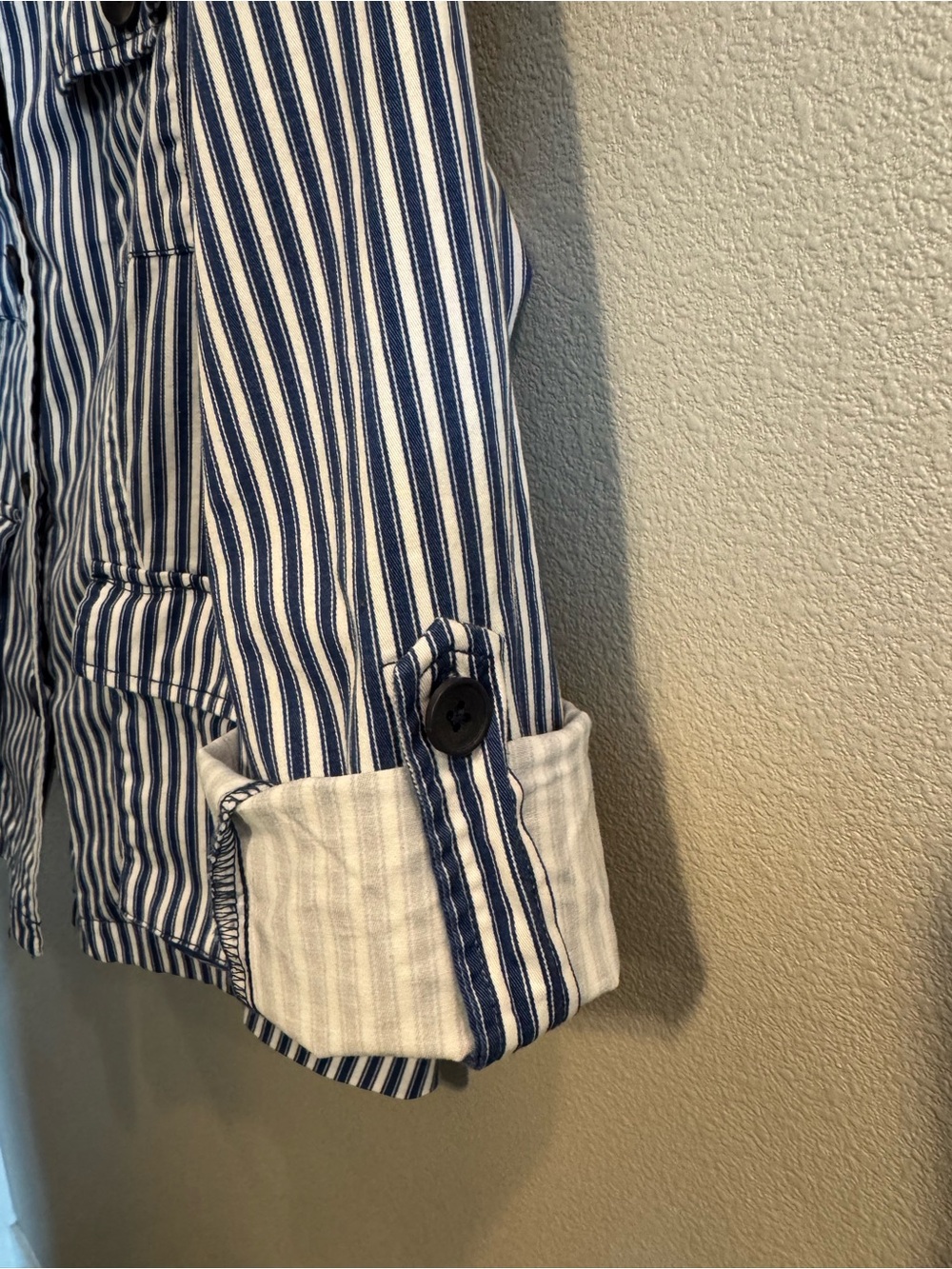 Tribal Blue and White Striped Coastal Button-Up Jacket Size M - Picture 9 of 13